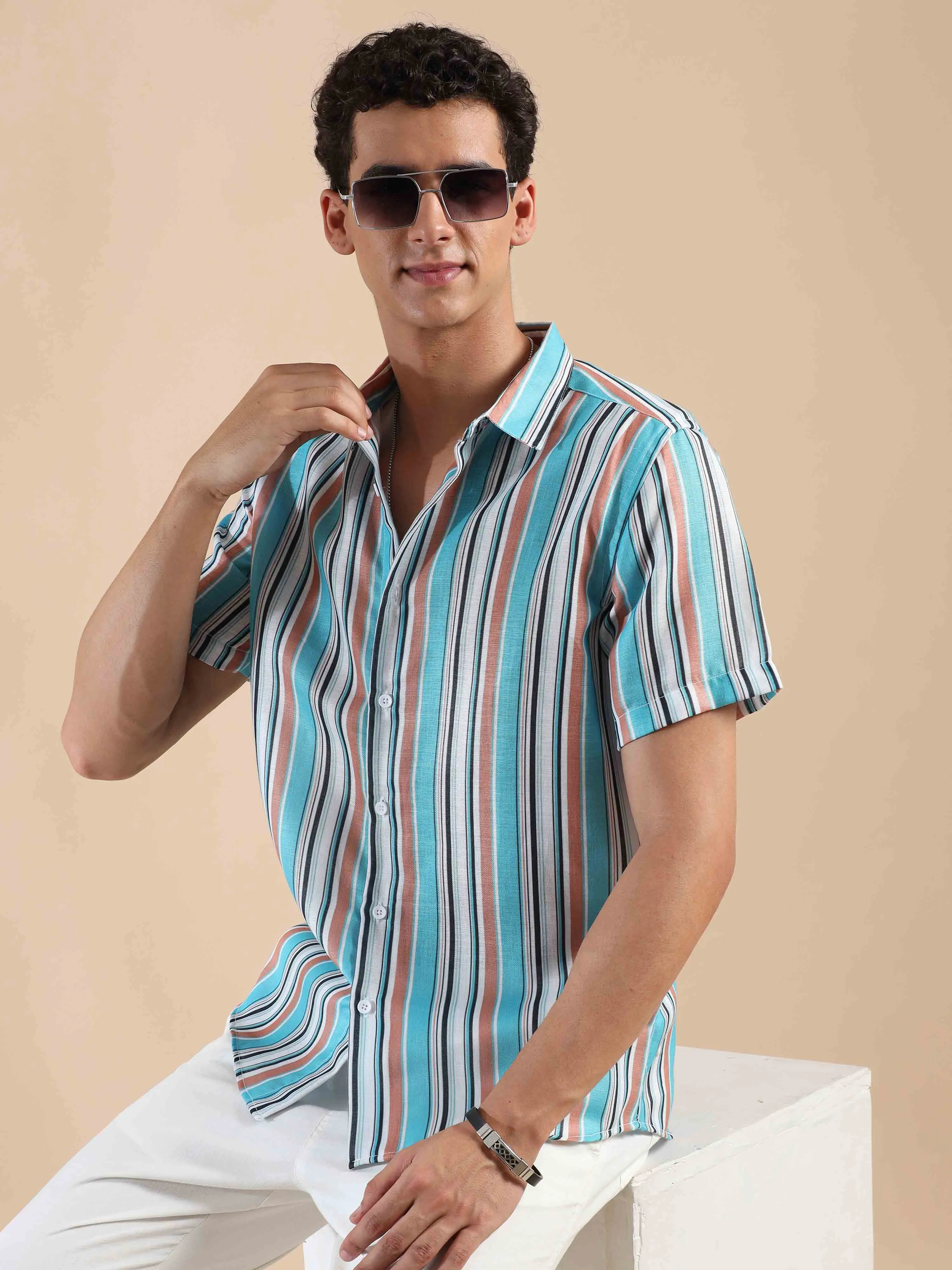 Azure & Peach Oasis Stripes Cotton Shirt