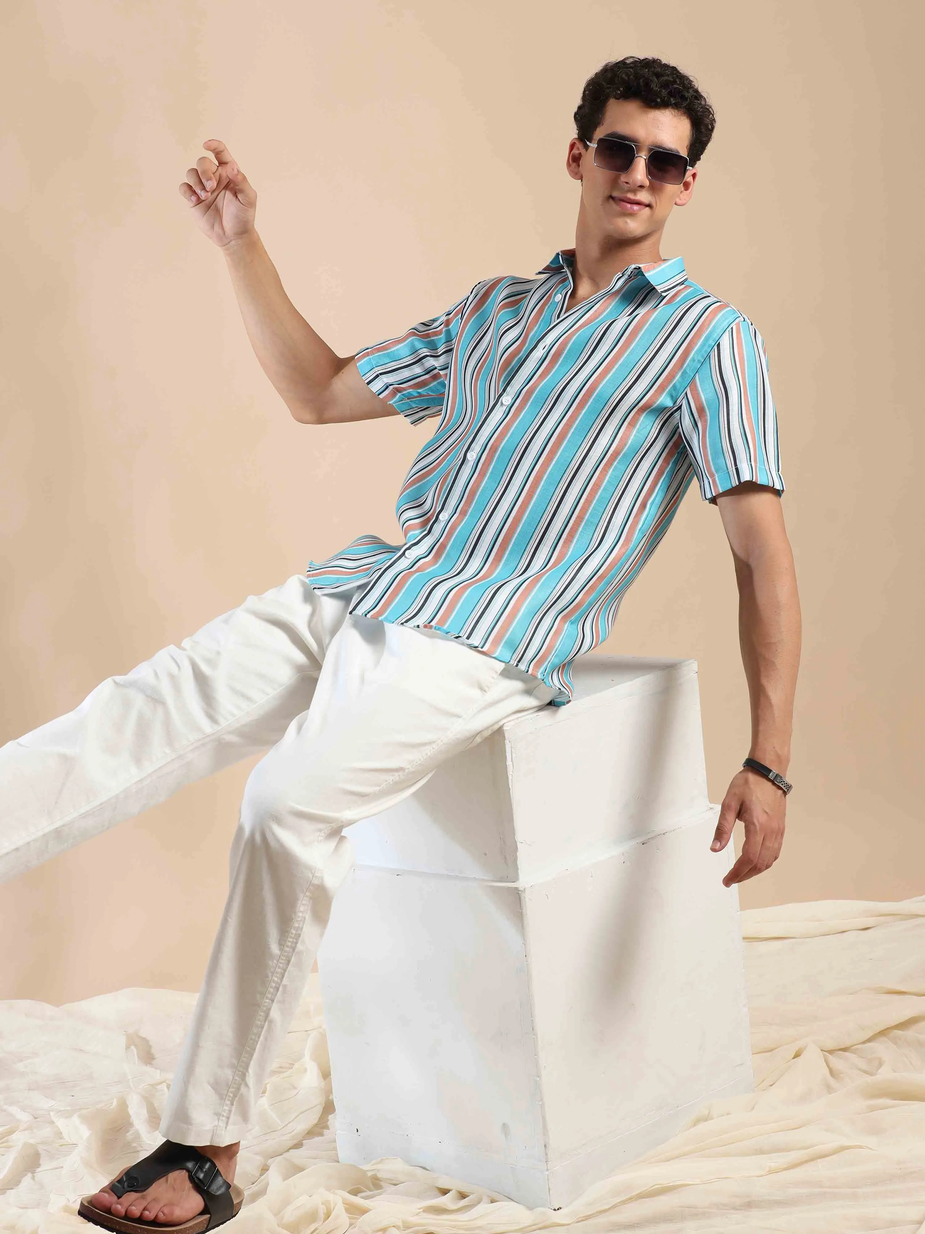 Azure & Peach Oasis Stripes Cotton Shirt