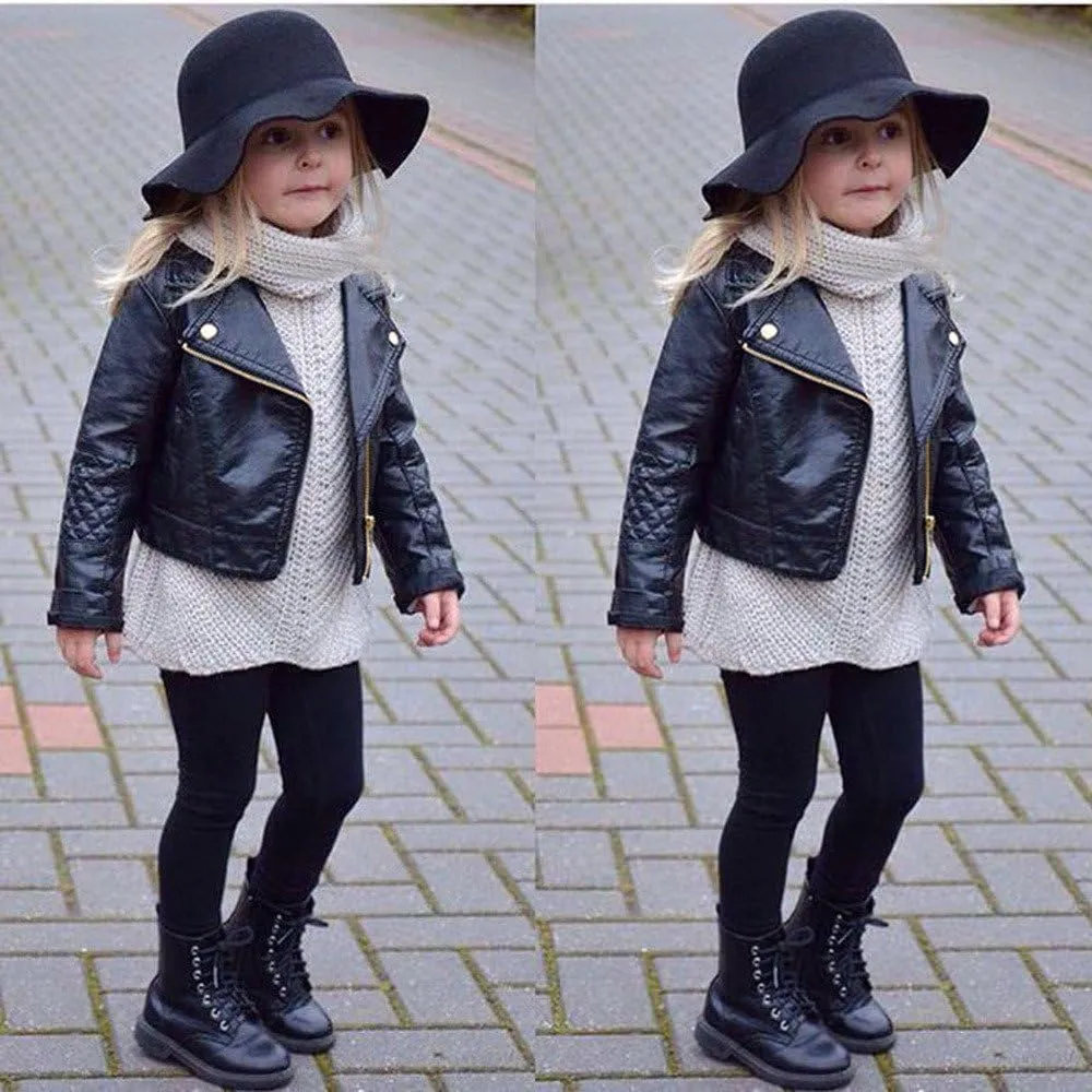 Baby Girl Boy Faux Leather Jacket Children Motorcycle Leather Coat Kids Faux-Leather Moto Biker Long Sleeve Outerwear