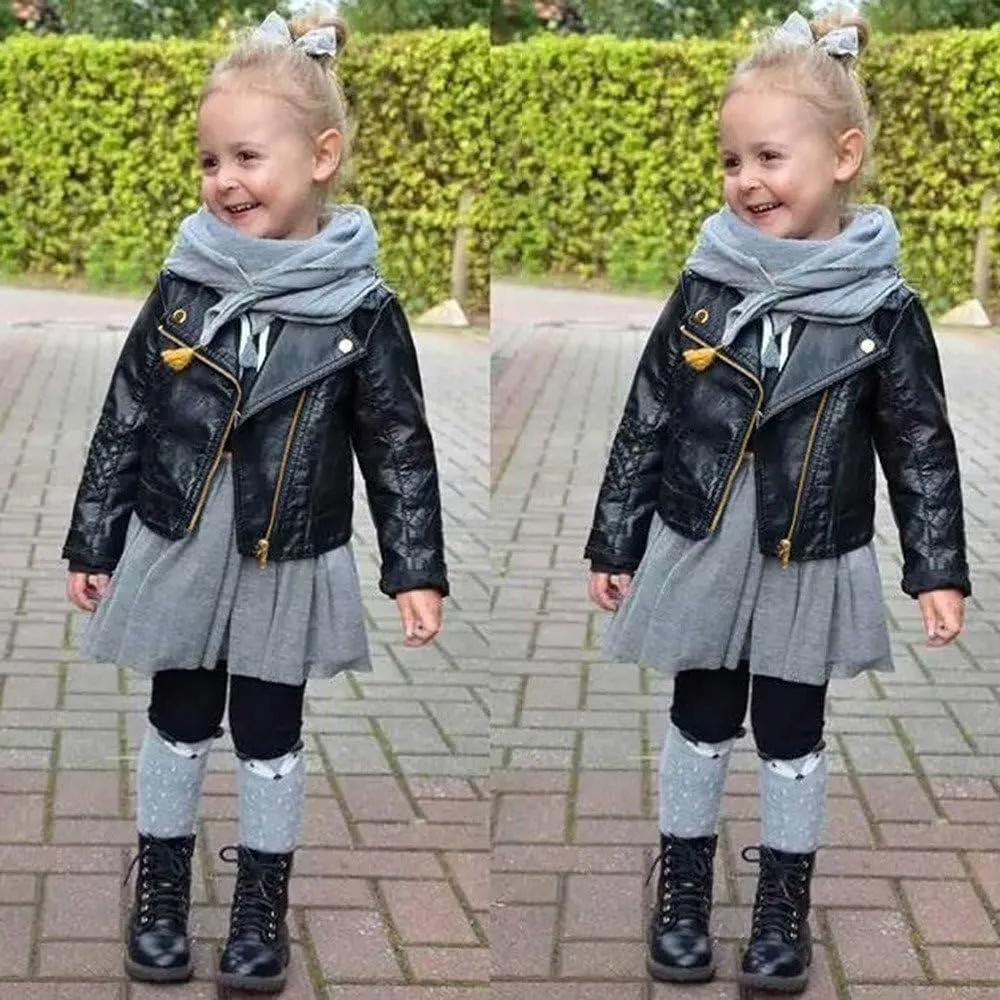 Baby Girl Boy Faux Leather Jacket Children Motorcycle Leather Coat Kids Faux-Leather Moto Biker Long Sleeve Outerwear