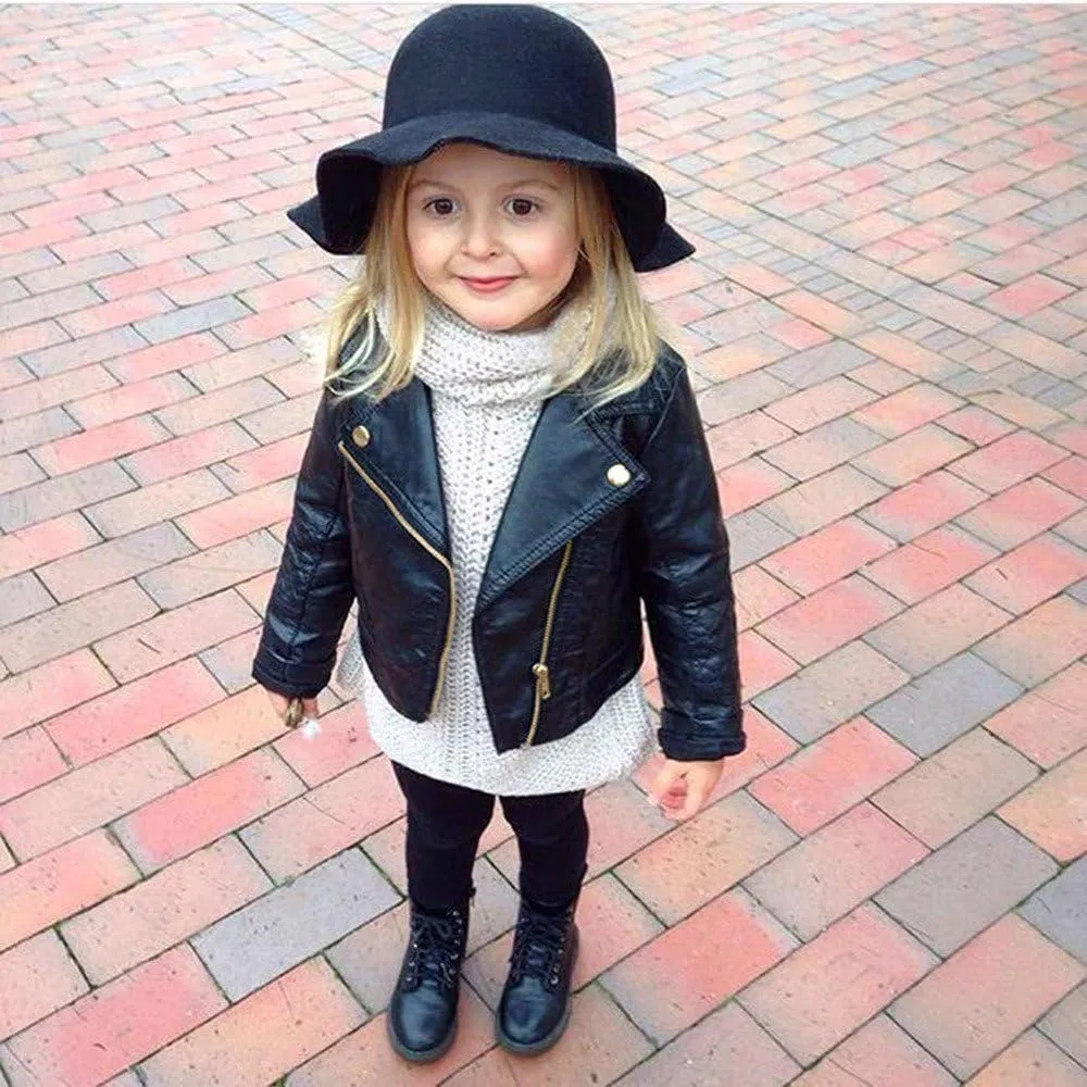 Baby Girl Boy Faux Leather Jacket Children Motorcycle Leather Coat Kids Faux-Leather Moto Biker Long Sleeve Outerwear