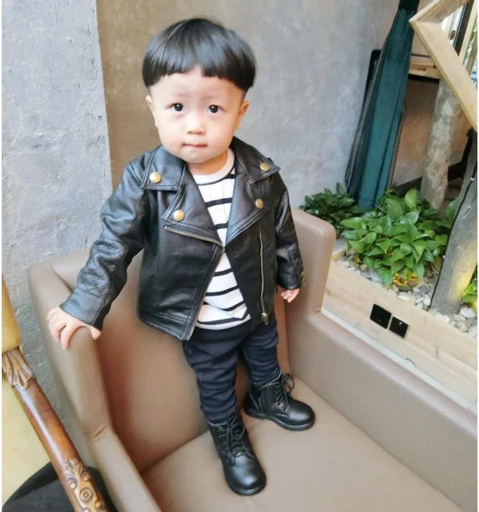 Baby Girl Boy Faux Leather Jacket Children Motorcycle Leather Coat Kids Faux-Leather Moto Biker Long Sleeve Outerwear