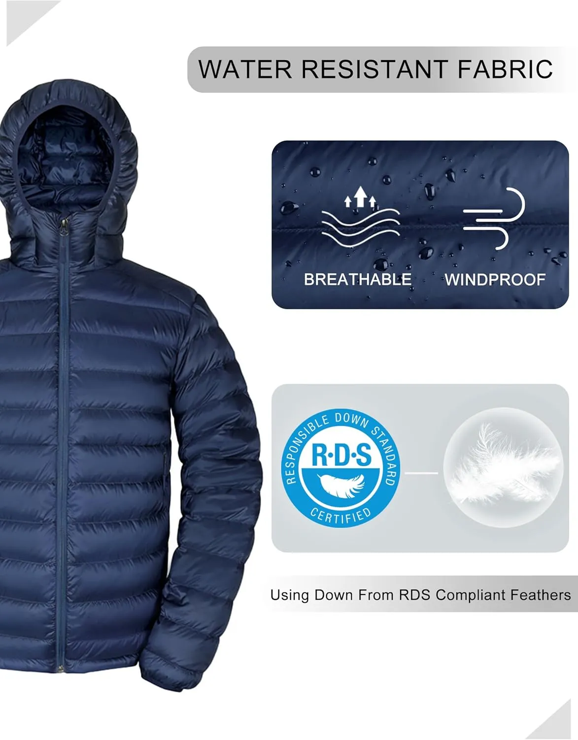 Bakery Men's Down Jacket Hooded Packable Down Puffer Jacket Lightweight Water-Resistant Insulated Down Jacket
