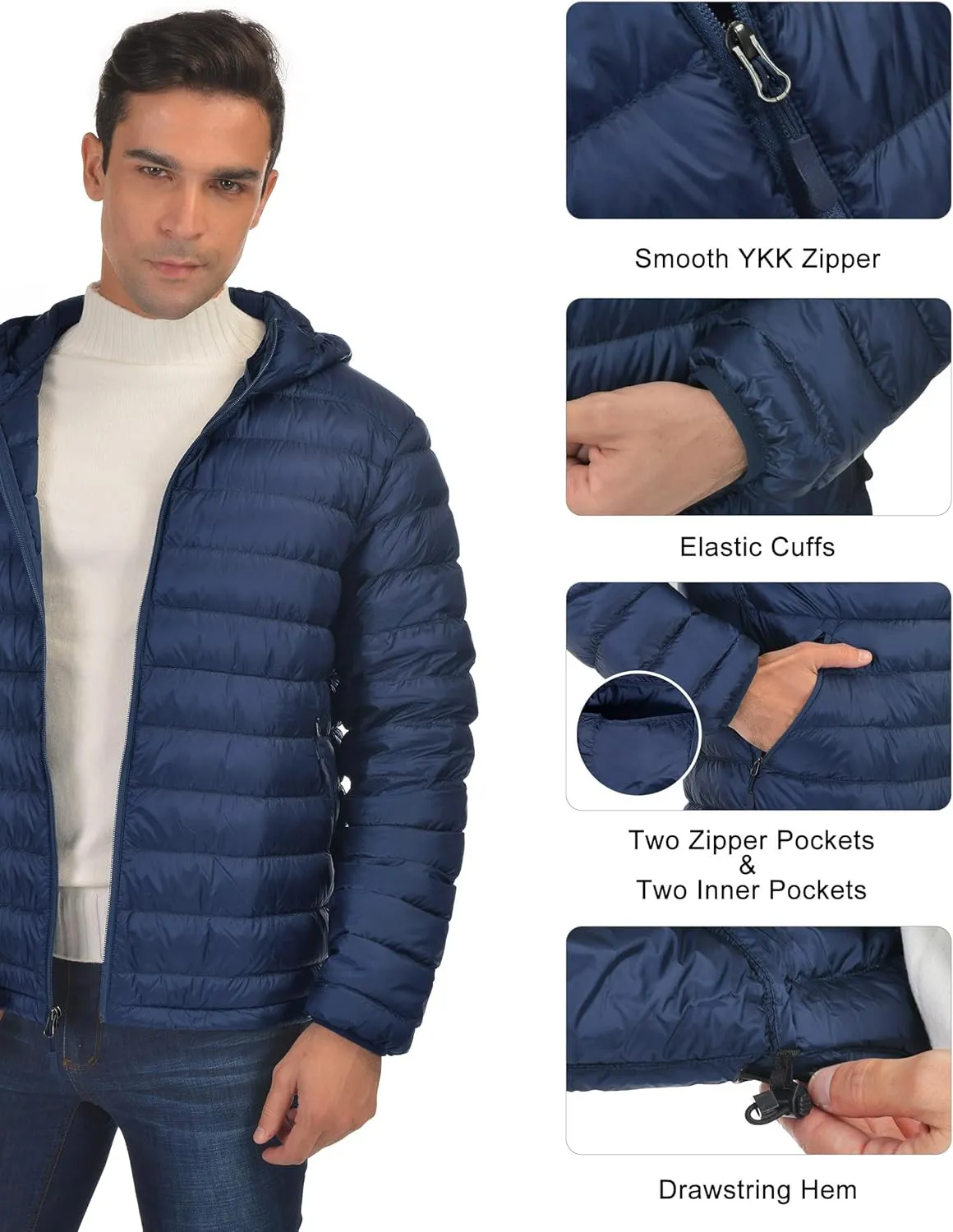 Bakery Men's Down Jacket Hooded Packable Down Puffer Jacket Lightweight Water-Resistant Insulated Down Jacket