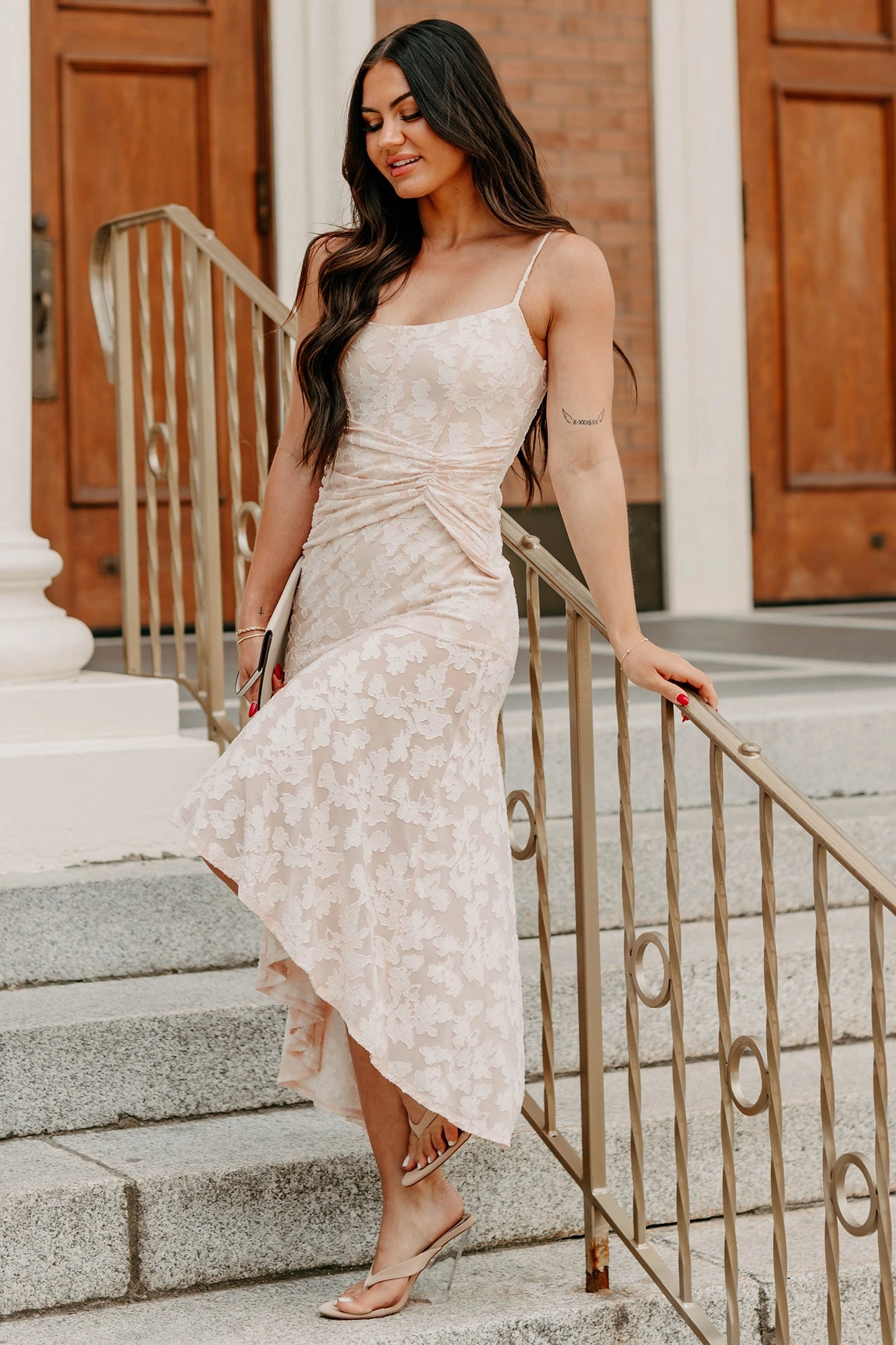 Refined Charm High Low Floral Jacquard Maxi Dress (Blush) Timeless Wear Urban Spirit