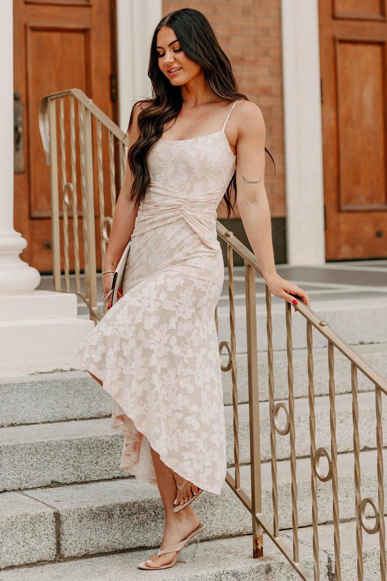 Refined Charm High Low Floral Jacquard Maxi Dress (Blush) Daily Flex