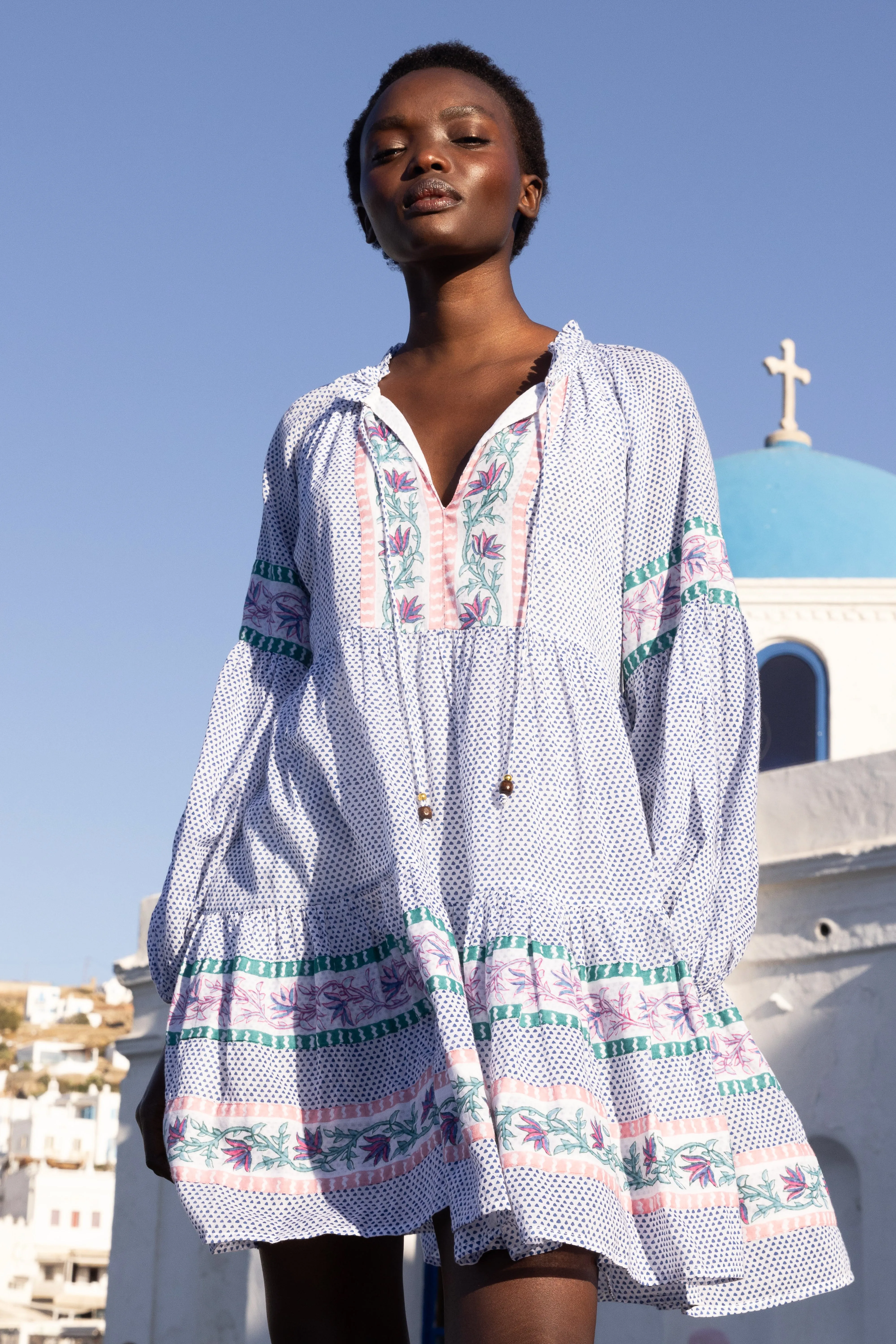 Balloon Sleeve Short Jungi Blue Dress Spring-Season