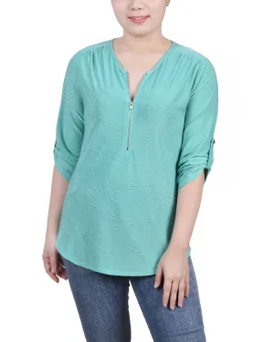 DoubleLayered Collar Petite 3/4 Roll Tab Zip Front Jacquard Knit Top