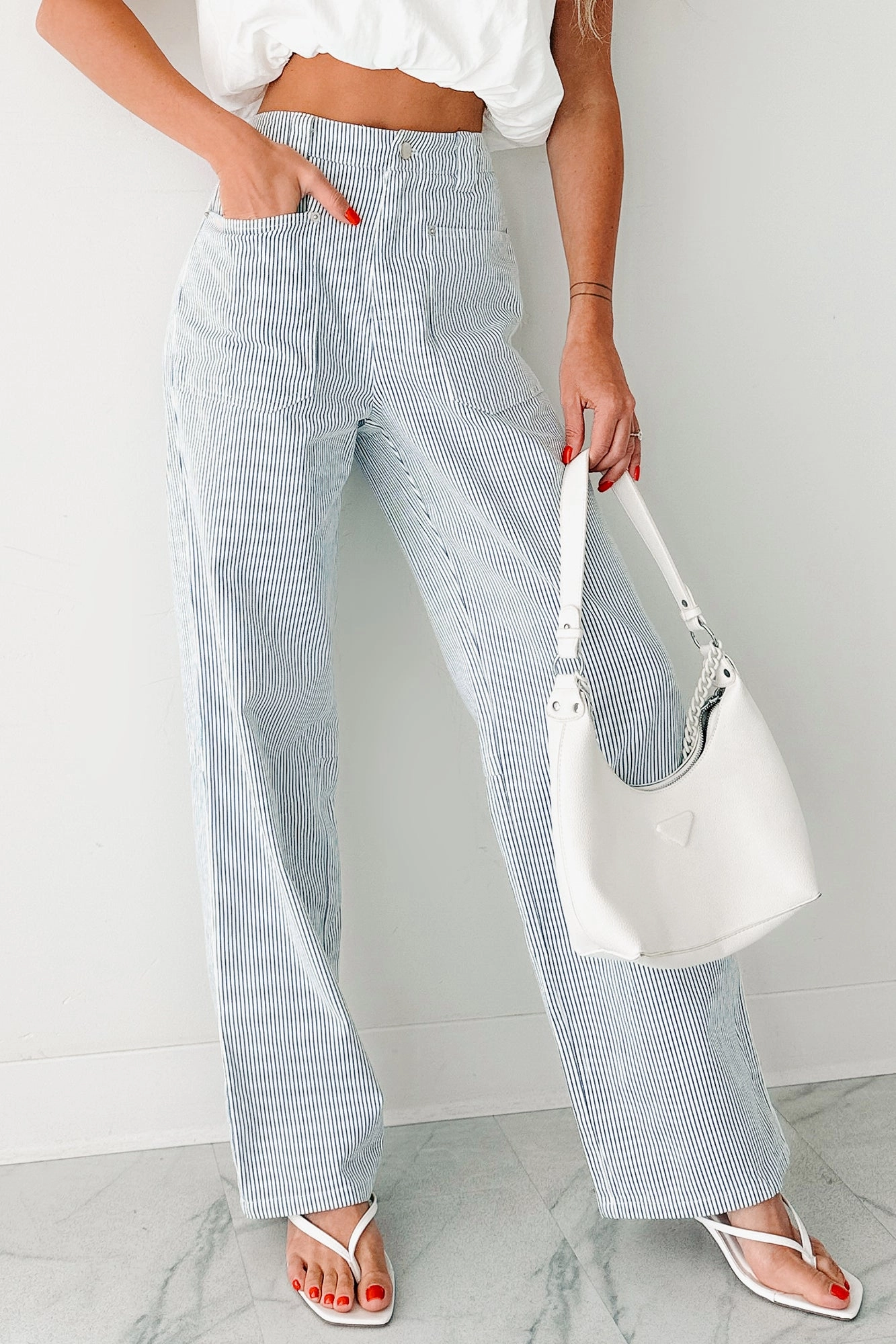 Bloom Society Pinstripe Straight Leg Pants (Ivory/Blue) standard fit AllDayComfortFit