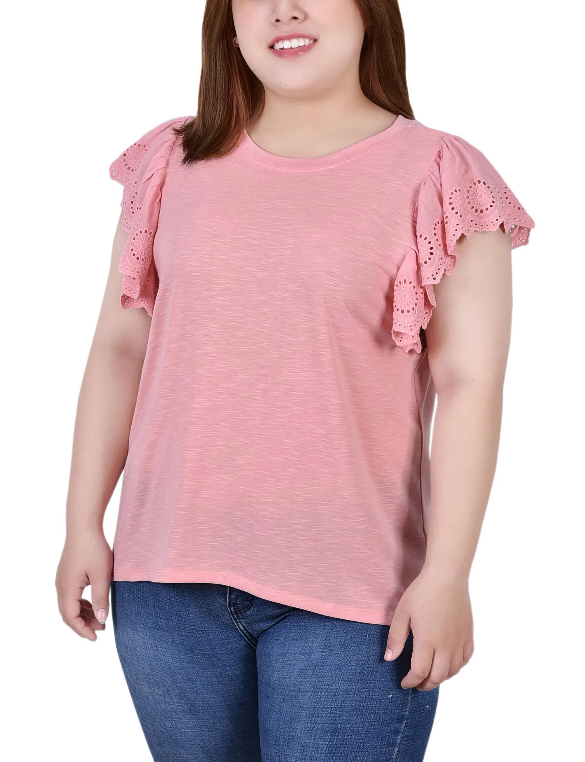 Plus Size Flutter Sleeve Slub Knit Top UltraSoft Blend LowProfileSeams