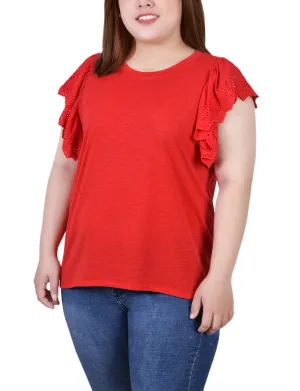 Plus Size Flutter Sleeve Slub Knit Top Printed T-shirt QuickRelease