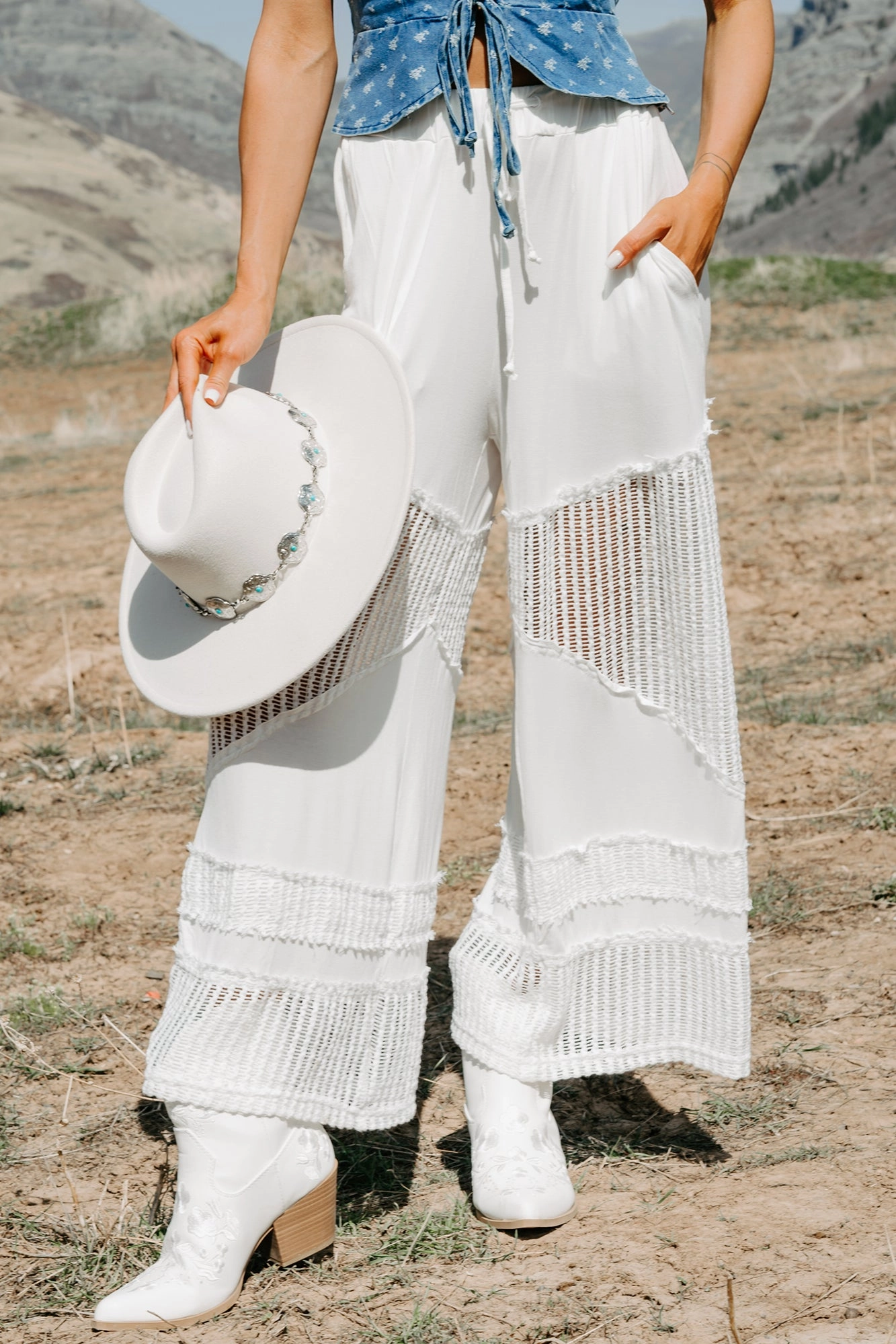 Barefoot Freedom POL Crochet Wide Leg Pants (White) Stretch Layer Fit Cold Weather Wear