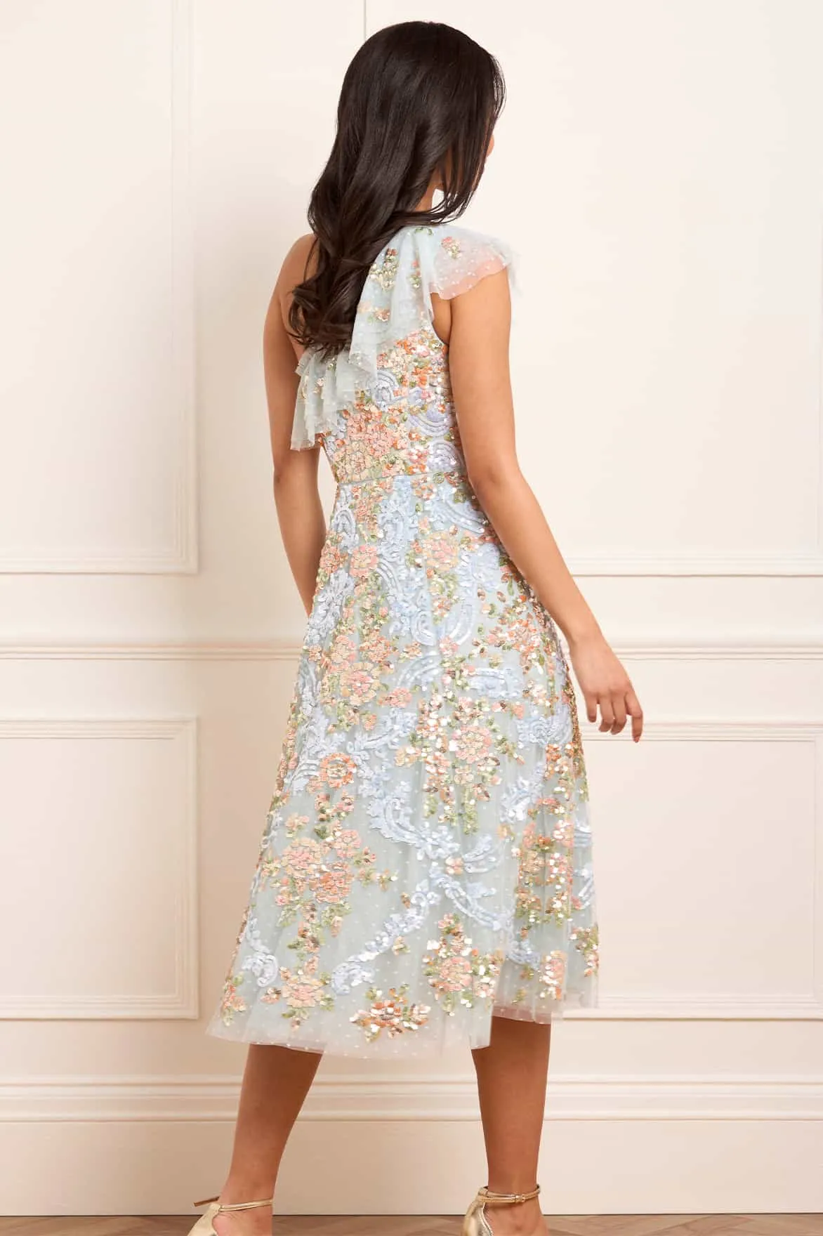 Button Chic Baroque Floral One-Shoulder Midaxi Dress