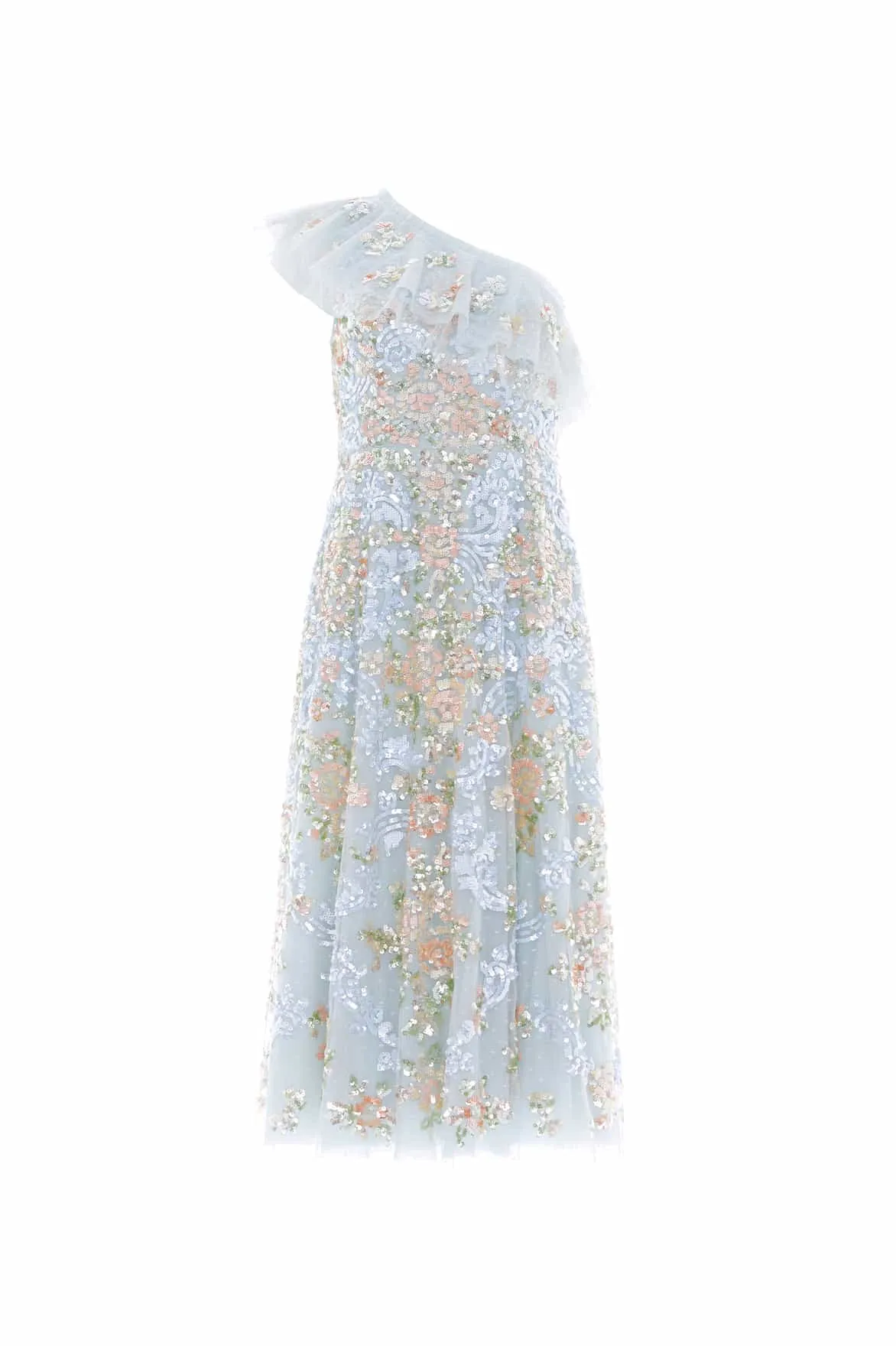 Piped-Edge Baroque Floral One-Shoulder Midaxi Dress