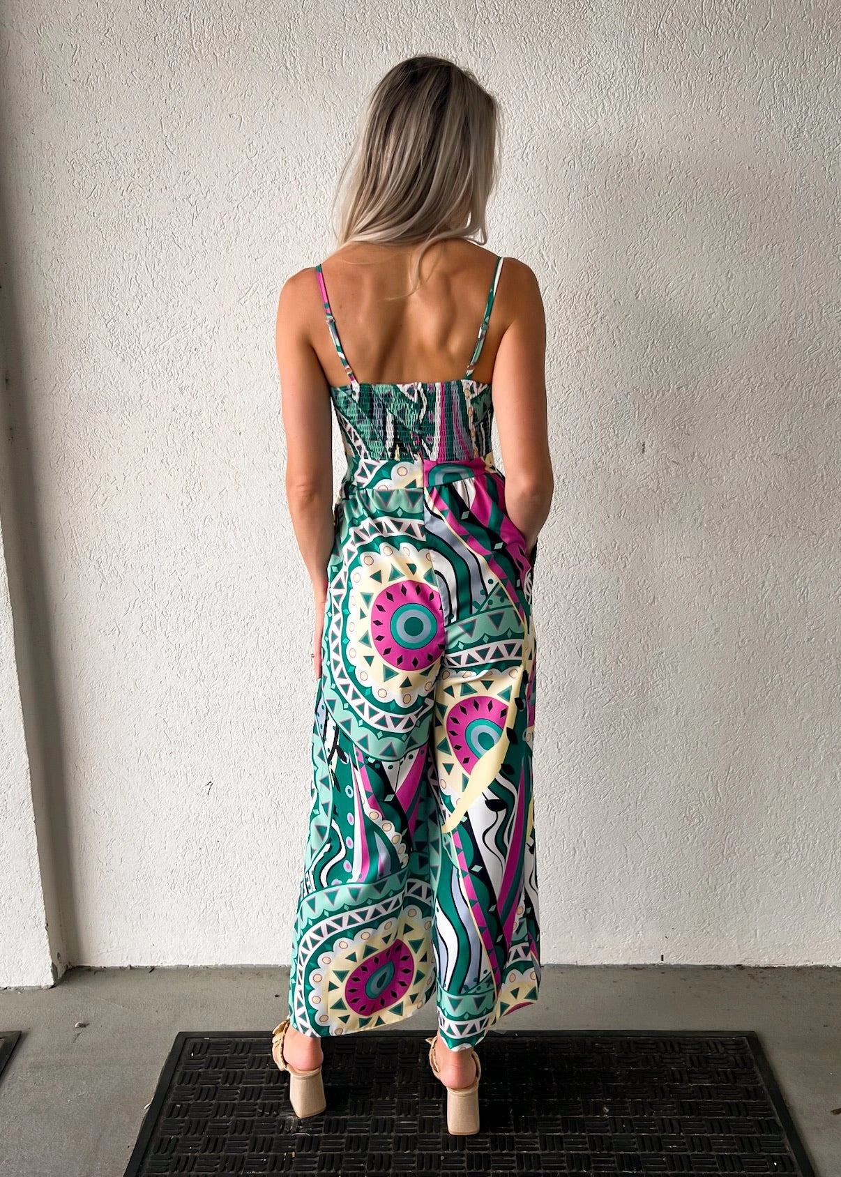 Flexible Holiday Work Fresh MAYVE PRINT SMOCKED JUMPSUIT