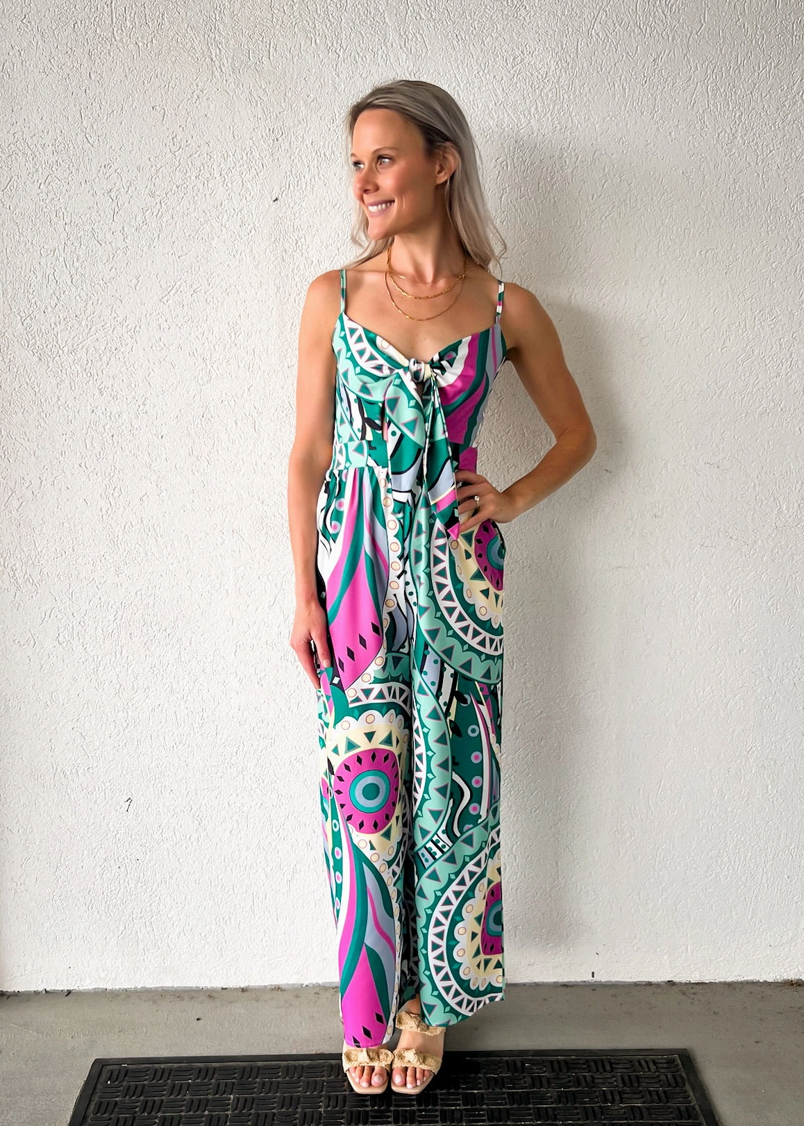 MAYVE PRINT SMOCKED JUMPSUIT Date Comfy