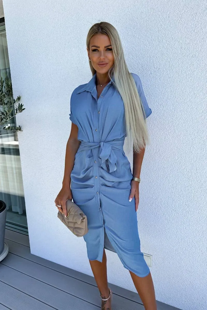 ReinforcedHems BATWING SLEEVE BELTED SINGLE BREASTED SHIRT DRESS_CWDSD2978