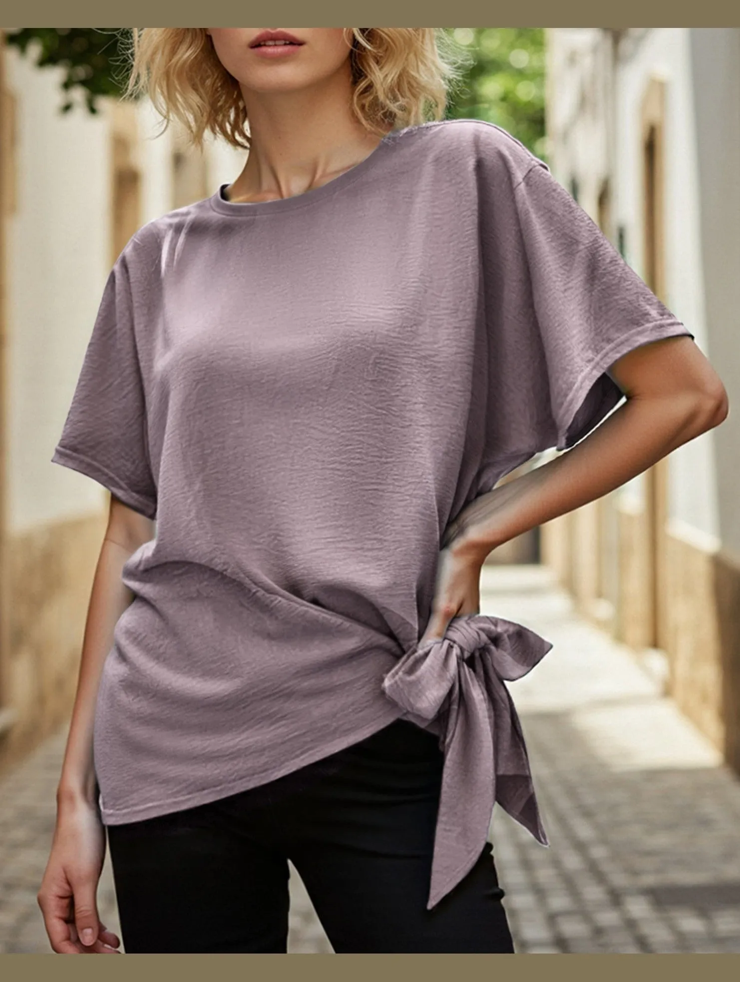 BATWING SLEEVED HEM KNOT LOOSE BLOUSE ThermalInsulation Convertible Sleeve Adaptation