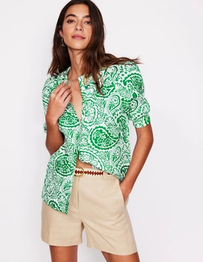 Bea Linen Top-Rich Emerald, Meadow Paisley ZipperedPockets