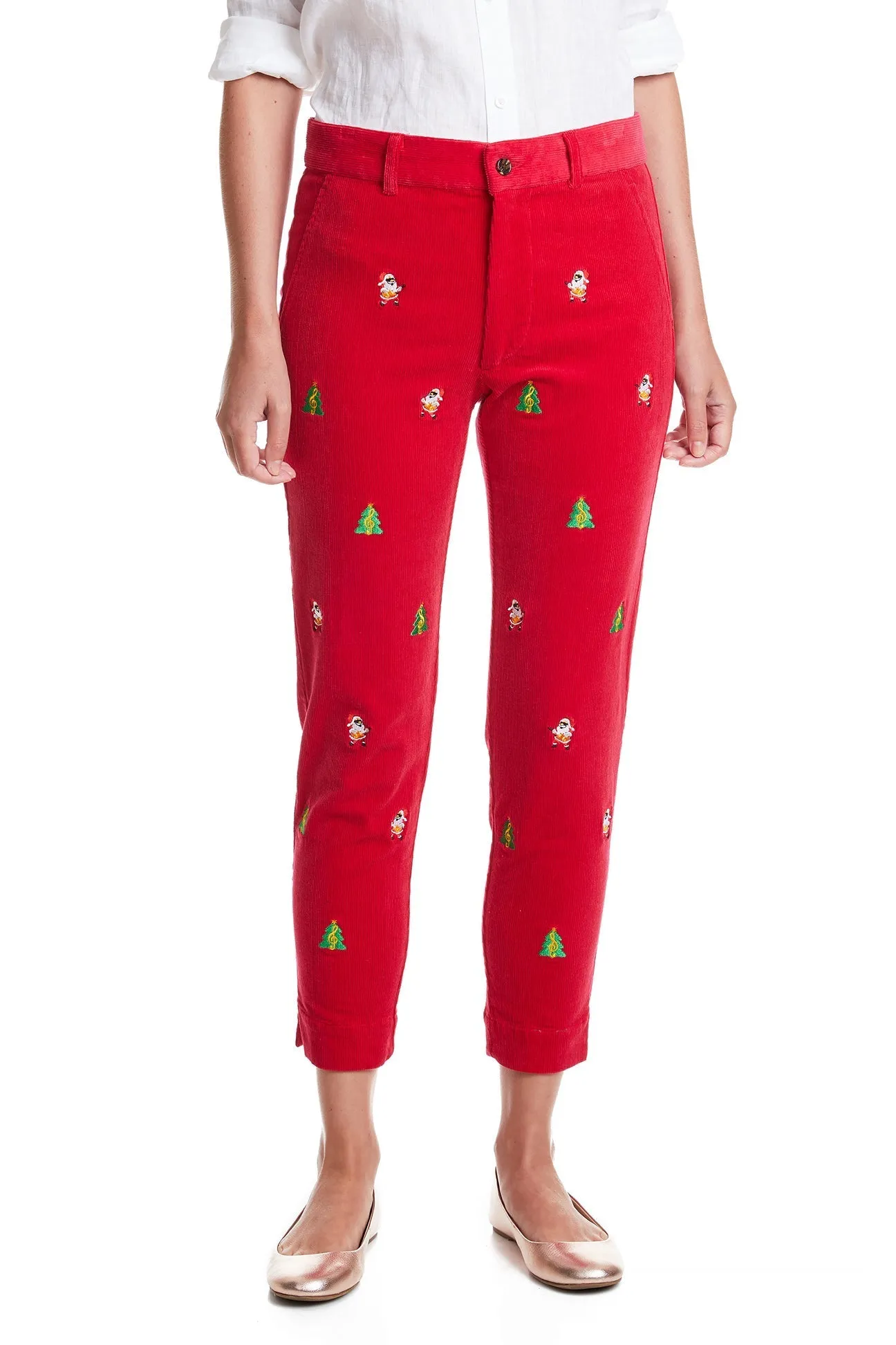 Wrinklefree Timeless Comfort Beachcomber Corduroy Ankle Capri Crimson with Rockin Around the Christmas Tree
