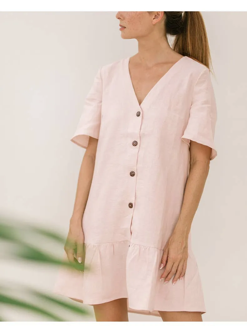 COTTON AND LINEN V-NECK SINGLE-BREASTED DRESS_CWDSD4144 All-Occasion Look