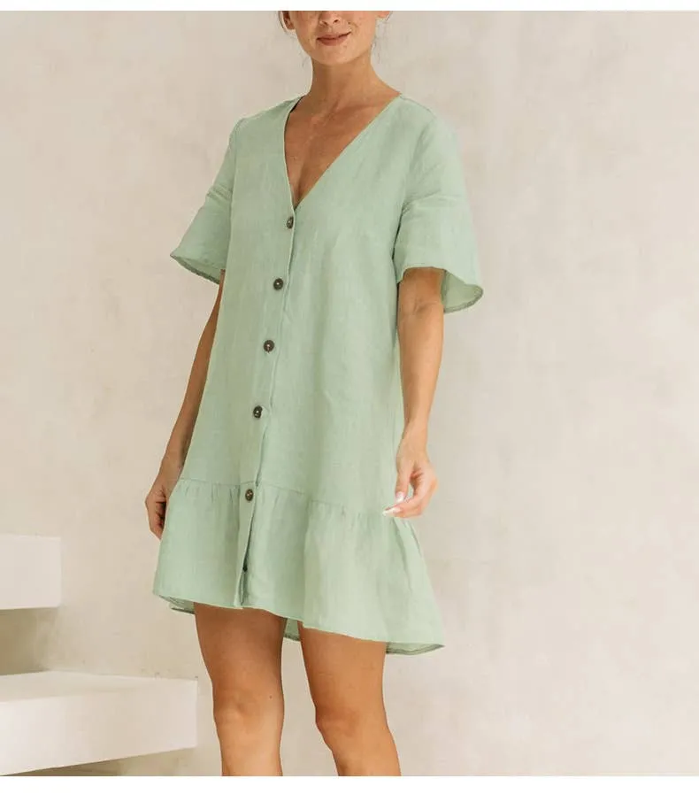COTTON AND LINEN V-NECK SINGLE-BREASTED DRESS_CWDSD4144 Timeless Fashion Clean Flow