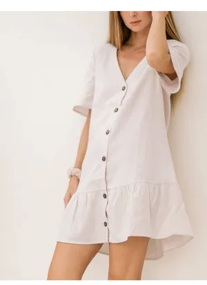Comfortable Cut Pleated-Texture COTTON AND LINEN V-NECK SINGLE-BREASTED DRESS_CWDSD4144
