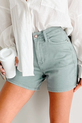 Organic Cotton Blend AdjustableWaistband Beau High Rise Judy Blue Denim Shorts (Olive Stone)