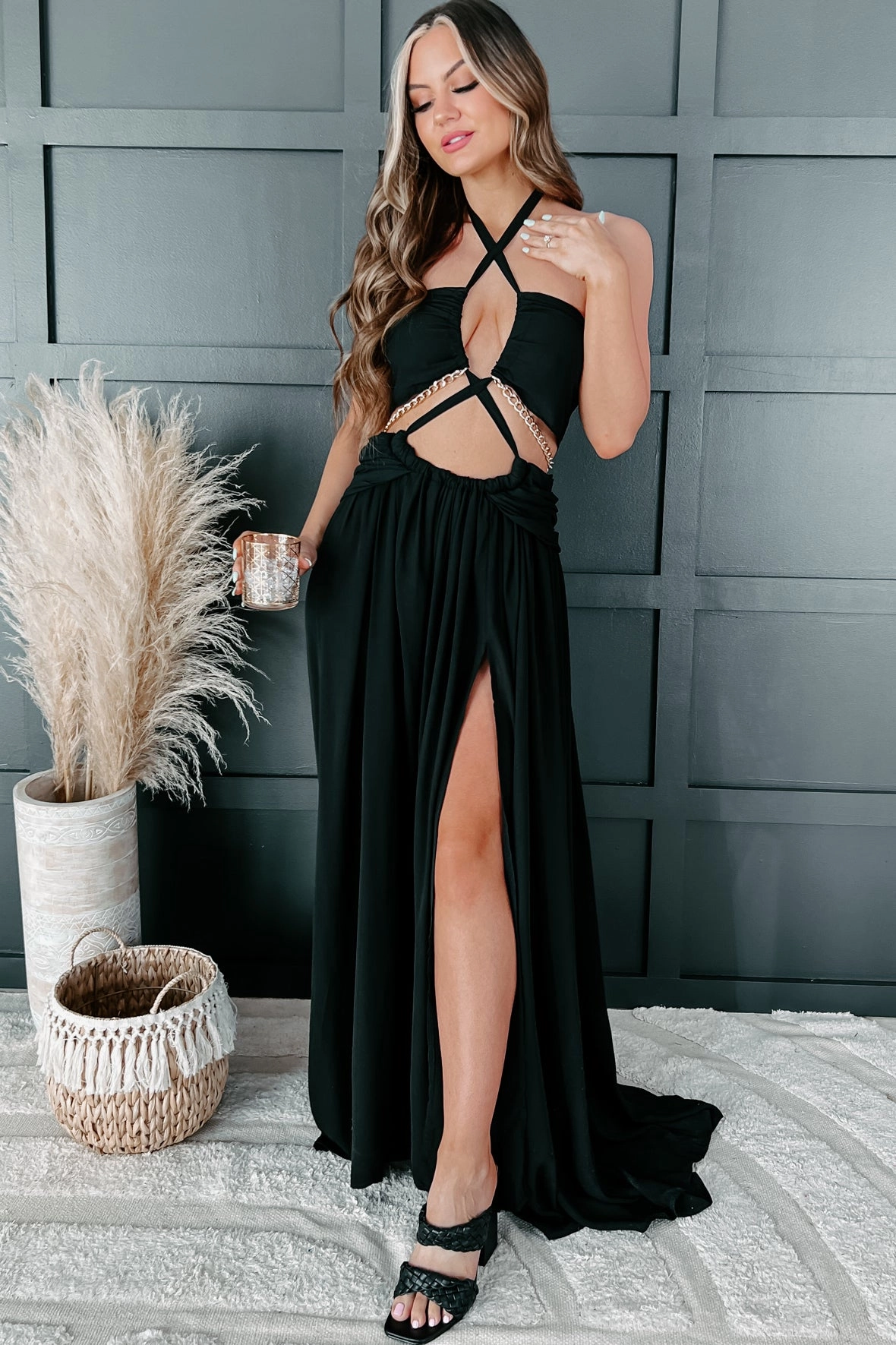 Beautifully Bold Cut-Out Halter Maxi Dress (Black) Double Layered Hem Multi Way Adjustable Fit