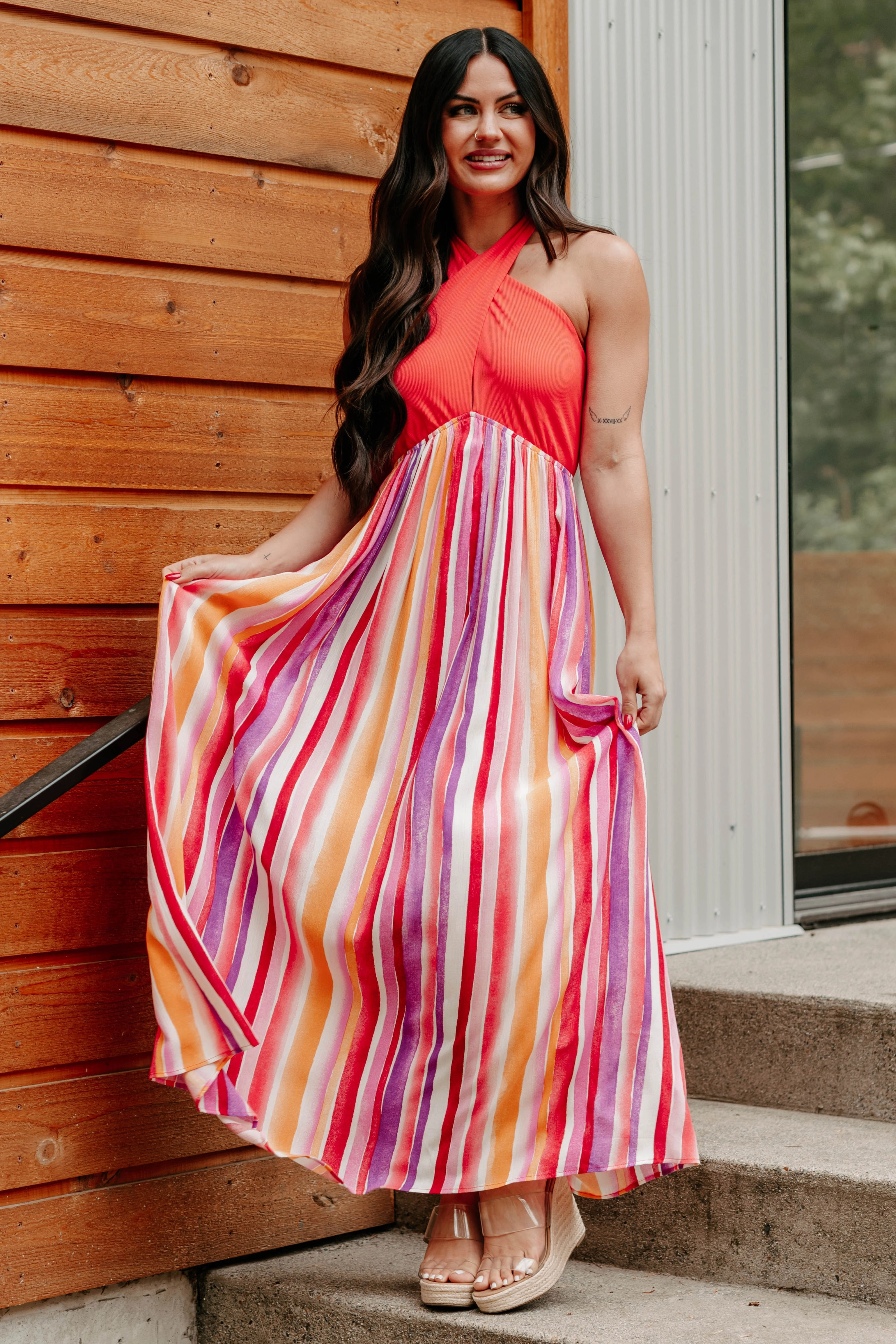 Beauty Awaits Striped Halter Maxi Dress (Tomato Red) City Style