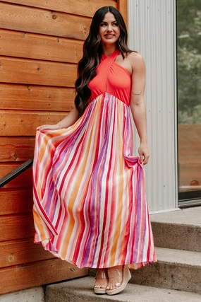 Beauty Awaits Striped Halter Maxi Dress (Tomato Red) Casual-Look
