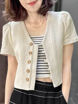 Beige Puff Shoulder V-neck Little Crop Quilted Jacket
