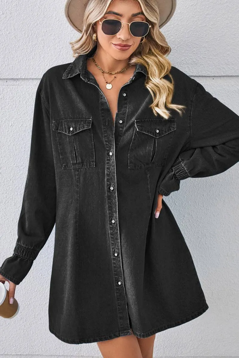 City Style Bohemian-Style BELL SLEEVE LOOSE CARDIGAN DENIM SHIRT DRESS_CWDSD2576