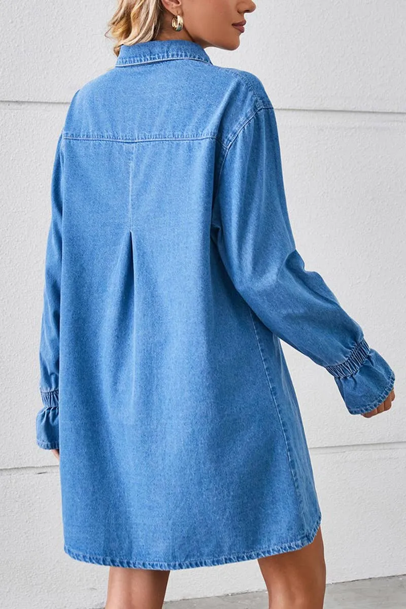 BELL SLEEVE LOOSE CARDIGAN DENIM SHIRT DRESS_CWDSD2576 Smooth Edge Cotton-Blend