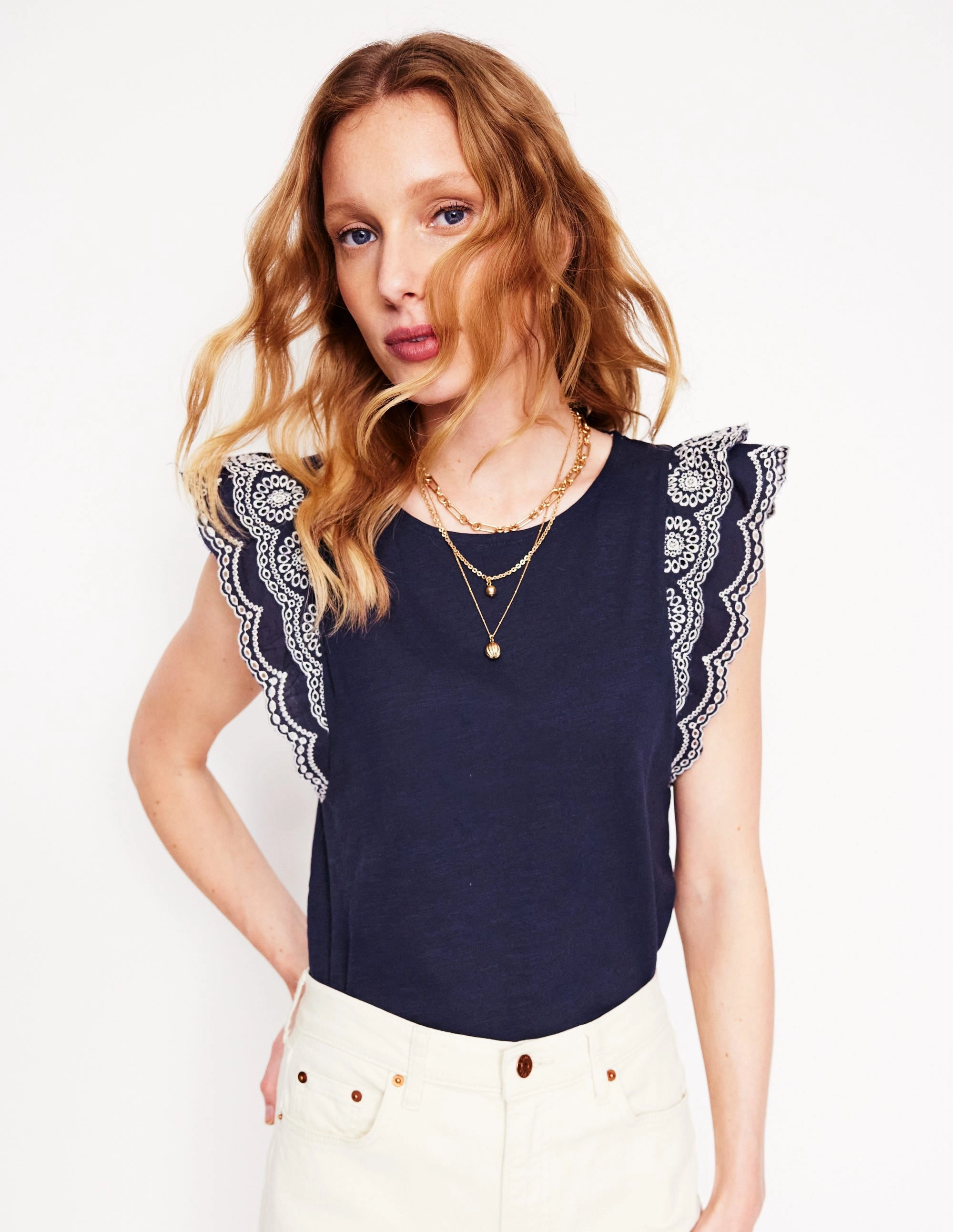 Belle Broderie Sleeve Top-Navy Recycled Fiber Blend BreathableMoistureBarrier
