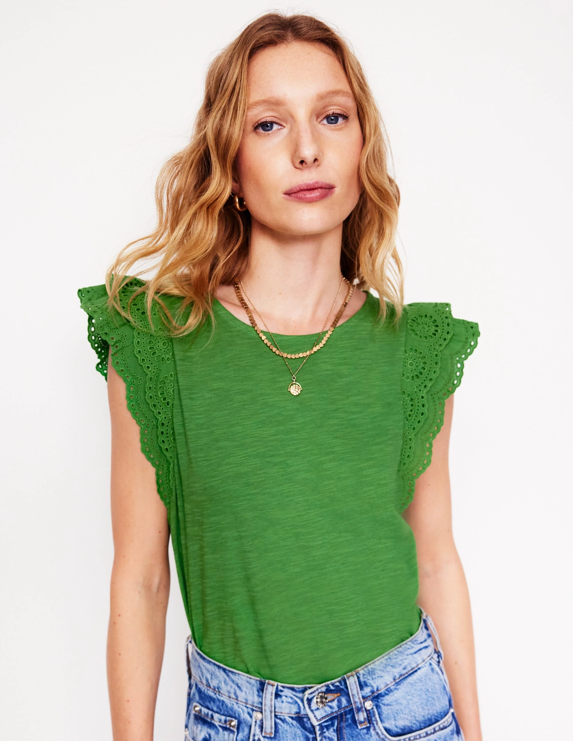 OversizedFit Belle Broderie Sleeve Top-Paradise Green