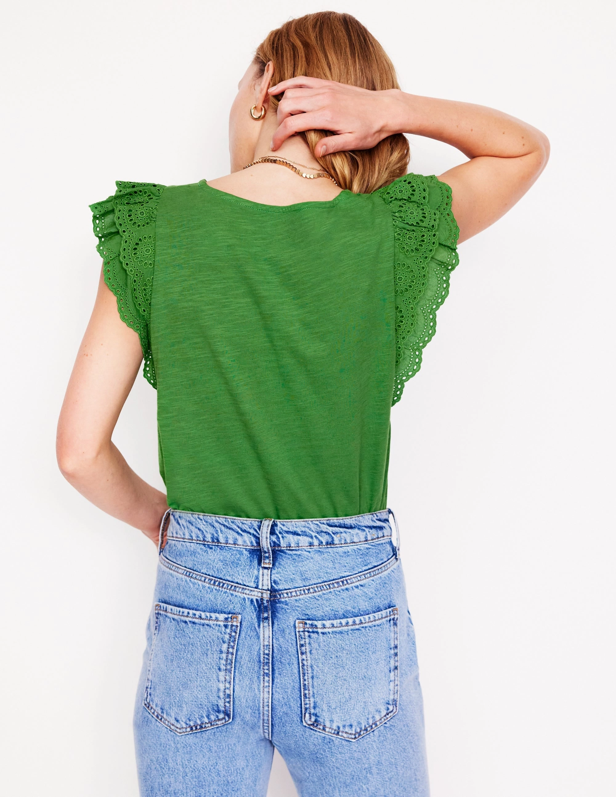 LowMaintenance Moisture Wicking Fabric Belle Broderie Sleeve Top-Paradise Green