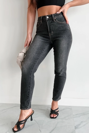 Grid Texture Fabric FlexibleMobility Benji Mid Rise Tummy Control Slim Fit Judy Blue Jeans (Black)