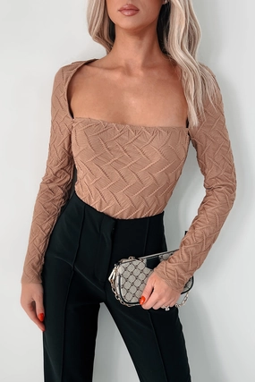 No Bind Better Be Nice Textured Long Sleeve Bodysuit (Khaki)