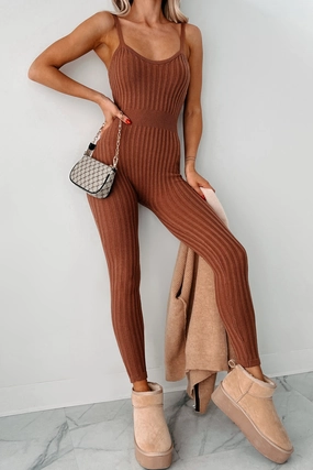 Better By The Minute Sweater Knit Catsuit (Mocha) Midi-Length