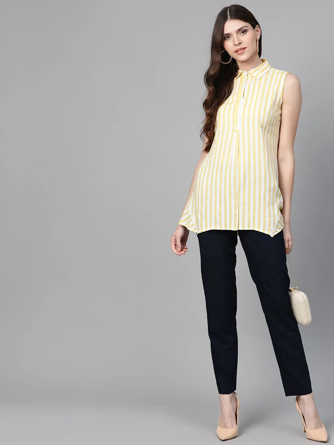 Bhama Cuture Yellow & Off-White Striped Shirt Tunic