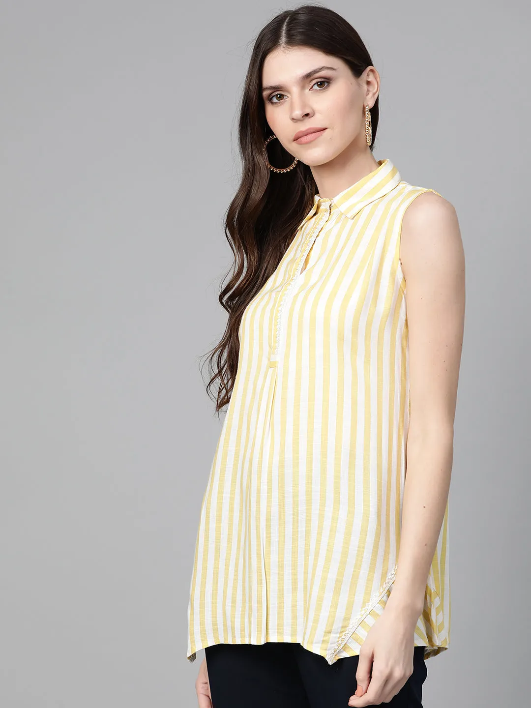 Bhama Cuture Yellow & Off-White Striped Shirt Tunic
