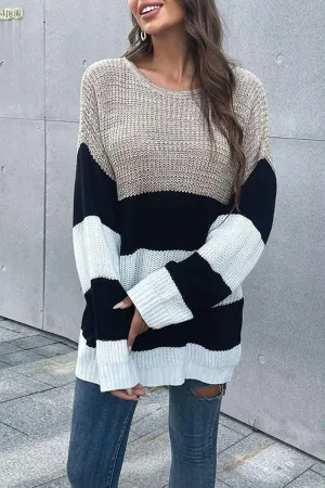 STRIPED ROUND NECK KNITTED SWEATER Recycled Material Blend Hidden Zipper Pocket