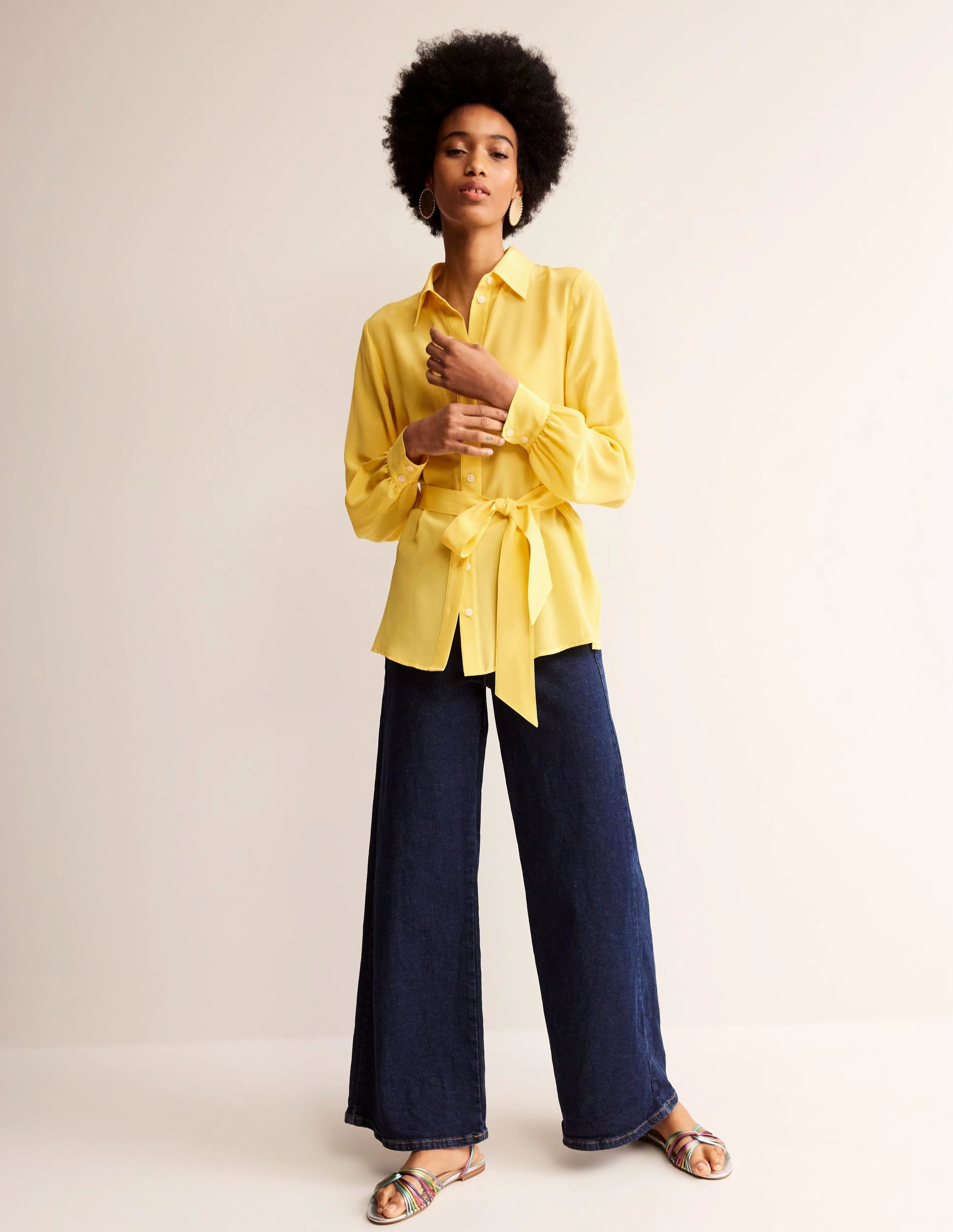 FrictionResistant Edges Belted Silk Shirt-Vibrant yellow