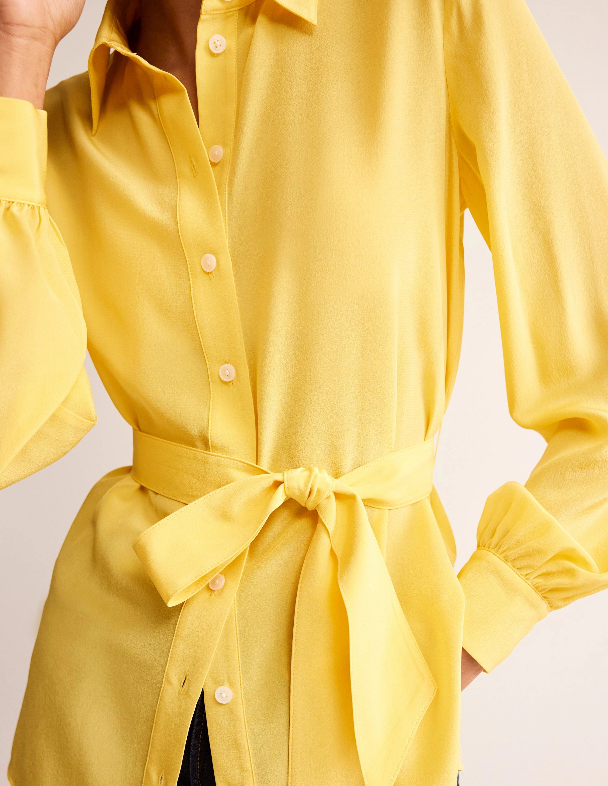 All Weather Performance Fabric Classic Cut Belted Silk Shirt-Vibrant yellow