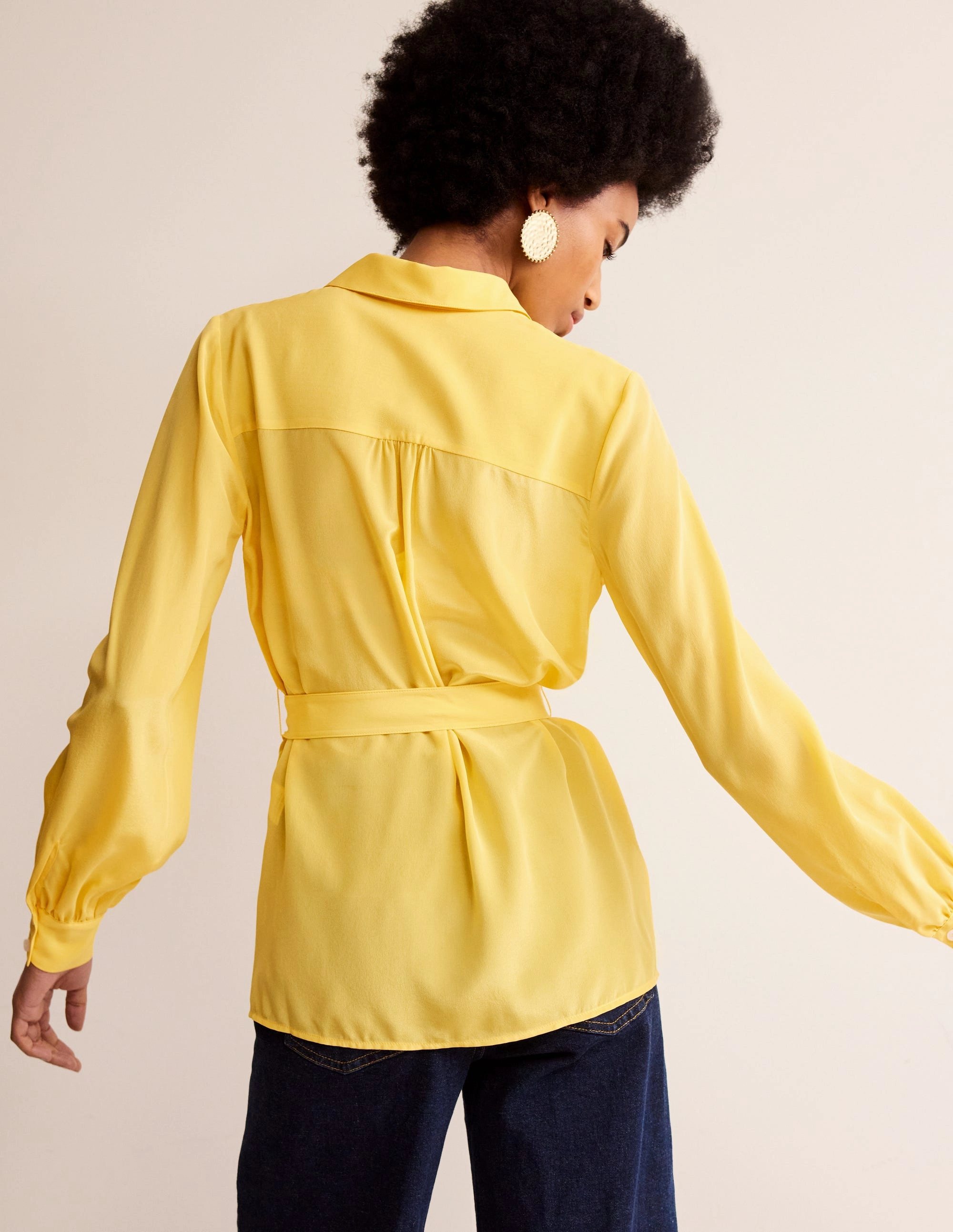 Low Profile Zipper Reinforced Stress Points Belted Silk Shirt-Vibrant yellow