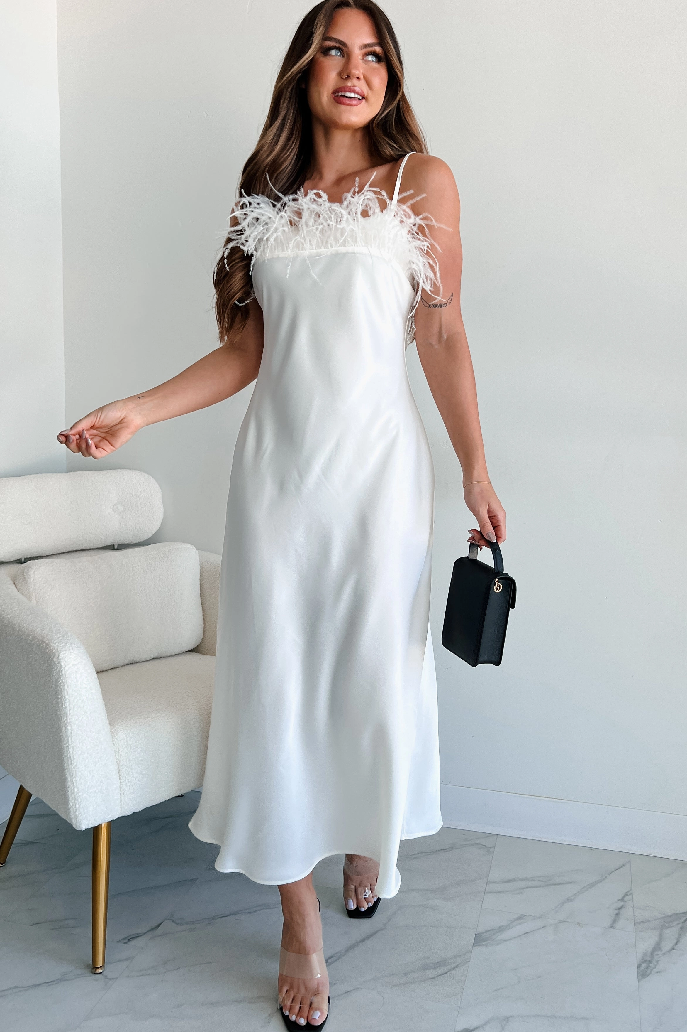 Birds Of Paradise Faux Feather Trim Midi Dress (Ivory) Feminine Charm