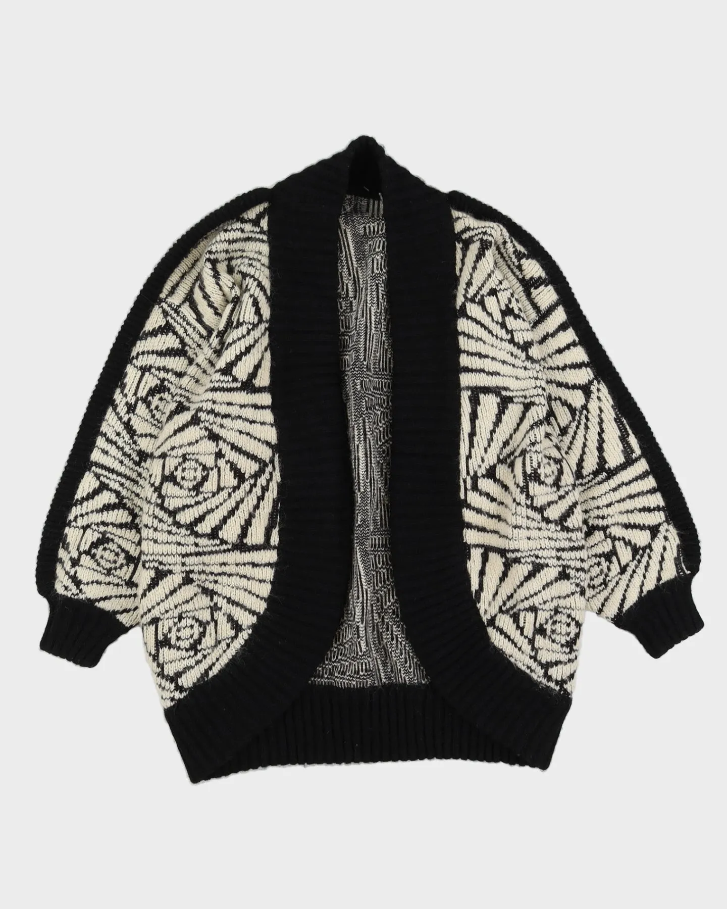 Black And Cream Patterned Knitted Cardigan - M