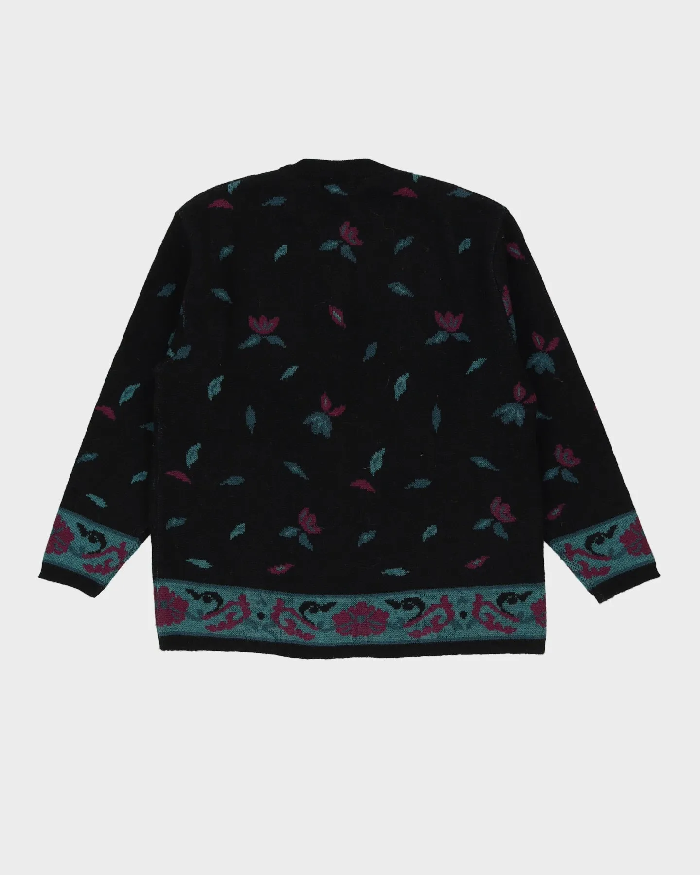 Black Floral Patterned Knitted Cardigan - M
