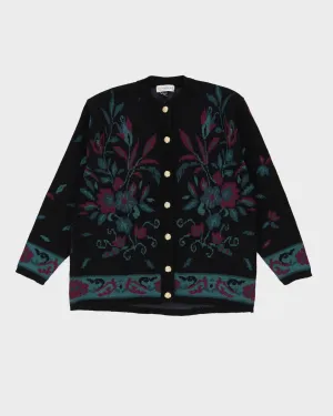 Black Floral Patterned Knitted Cardigan - M